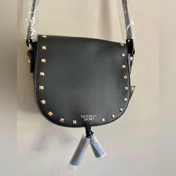 NWT Victoria’s Secret Black Gold Studded Crossbody Saddle Bag Purse - Picture 3 of 16
